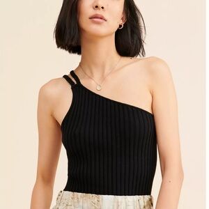 525 America Black Ribbed One-Shoulder Knit Top